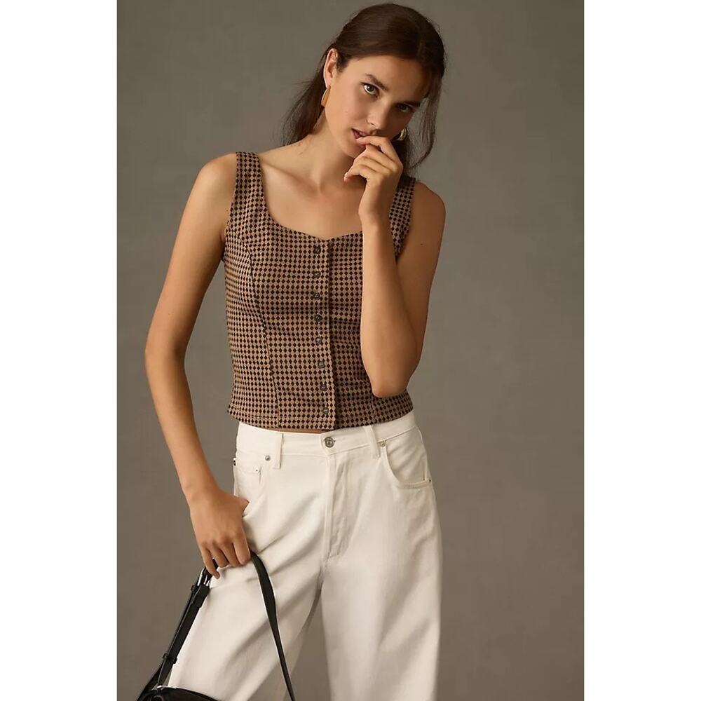 Maeve x Anthropologie Brown Checkered Jacquard Bustier Tank Top Size Large
